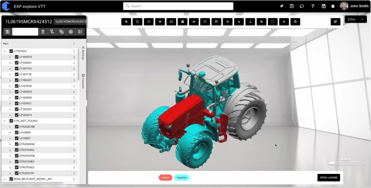 explore 3D Digital Twin eines Traktors mit farblich nach Baugruppen differenzierten Komponenten.